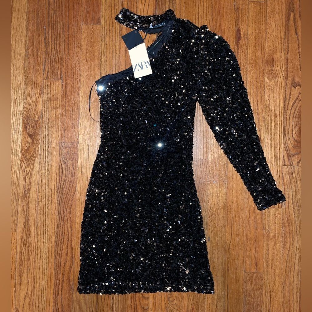 Zara Asymmetrical Sequin Mini Dress Size Small - Picture 7 of 12